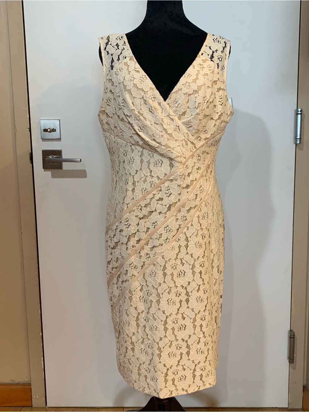 CENIA Sleeveless Creme Lace Knee Length Lined Dress 10